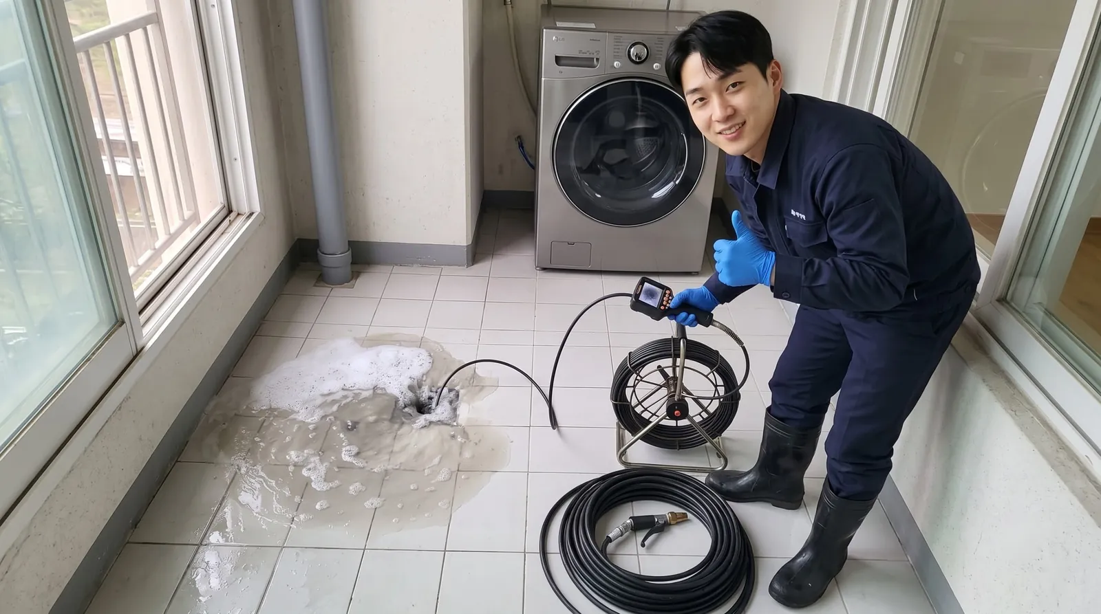 서울 서남권 하수구 역류 작업복 기술자와 배관내시경·고압세척 장비